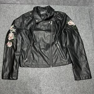 Moto Gear Faux Leather Zip Up Jacket w/Studs Motorcycle Black Embroidered Flower